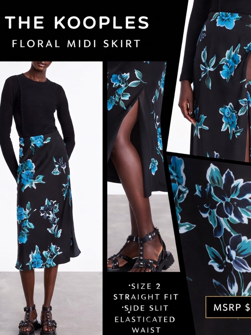 The Kooples Black Blue Floral Midi Skirt Size 2 Side Slit NWT $349 Office Resort
